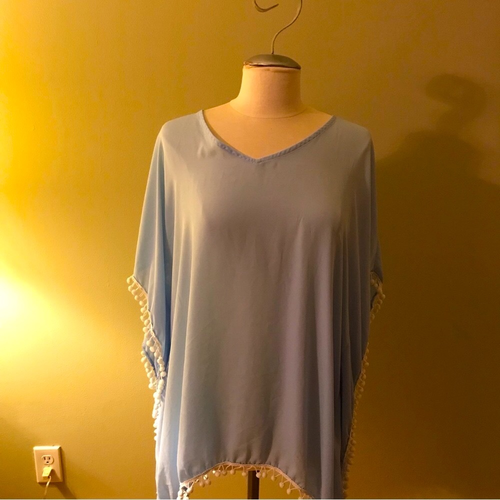 NWOT Light blue cover up with white bead fringe around the entire coverup
